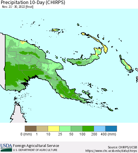 Papua New Guinea Precipitation 10-Day (CHIRPS) Thematic Map For 11/21/2022 - 11/30/2022