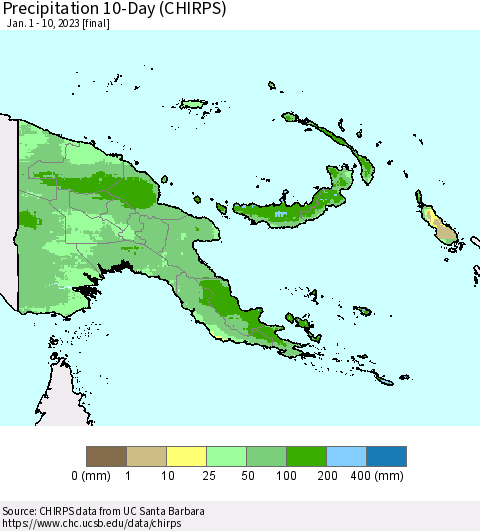 Papua New Guinea Precipitation 10-Day (CHIRPS) Thematic Map For 1/1/2023 - 1/10/2023