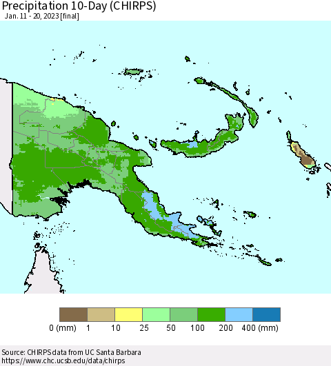Papua New Guinea Precipitation 10-Day (CHIRPS) Thematic Map For 1/11/2023 - 1/20/2023