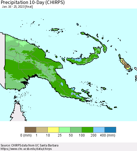 Papua New Guinea Precipitation 10-Day (CHIRPS) Thematic Map For 1/16/2023 - 1/25/2023