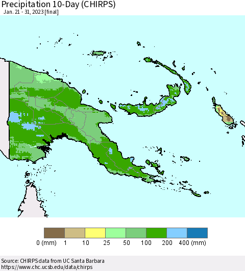 Papua New Guinea Precipitation 10-Day (CHIRPS) Thematic Map For 1/21/2023 - 1/31/2023