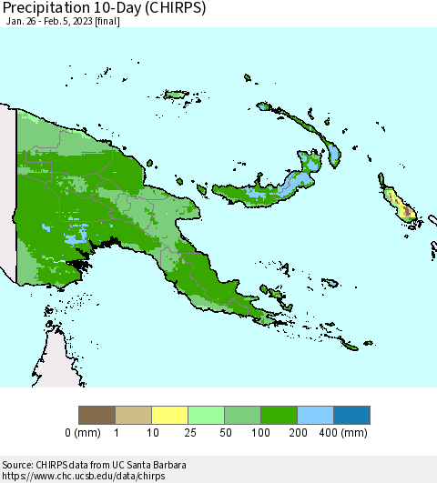 Papua New Guinea Precipitation 10-Day (CHIRPS) Thematic Map For 1/26/2023 - 2/5/2023