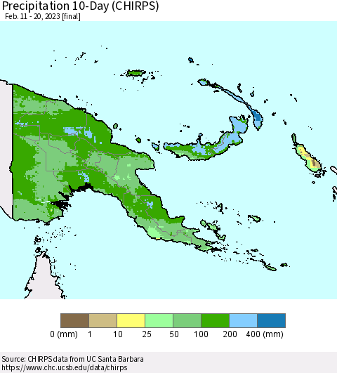 Papua New Guinea Precipitation 10-Day (CHIRPS) Thematic Map For 2/11/2023 - 2/20/2023