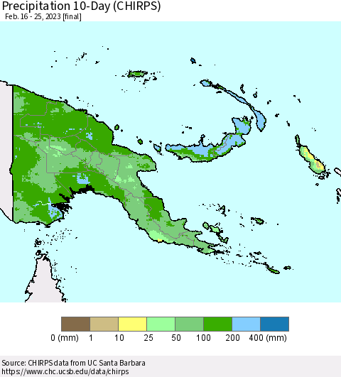 Papua New Guinea Precipitation 10-Day (CHIRPS) Thematic Map For 2/16/2023 - 2/25/2023