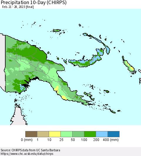 Papua New Guinea Precipitation 10-Day (CHIRPS) Thematic Map For 2/21/2023 - 2/28/2023