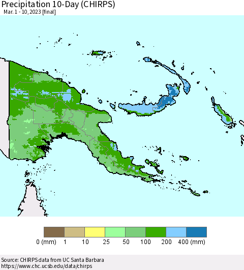 Papua New Guinea Precipitation 10-Day (CHIRPS) Thematic Map For 3/1/2023 - 3/10/2023