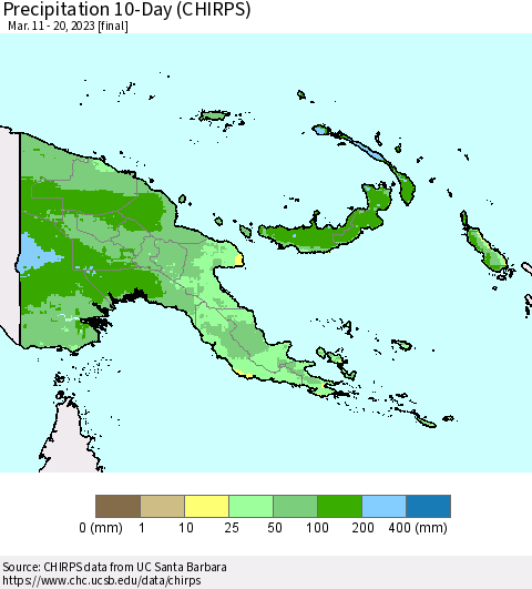 Papua New Guinea Precipitation 10-Day (CHIRPS) Thematic Map For 3/11/2023 - 3/20/2023