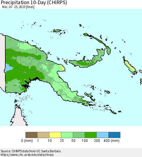 Papua New Guinea Precipitation 10-Day (CHIRPS) Thematic Map For 3/16/2023 - 3/25/2023