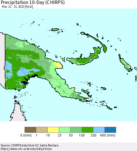 Papua New Guinea Precipitation 10-Day (CHIRPS) Thematic Map For 3/21/2023 - 3/31/2023