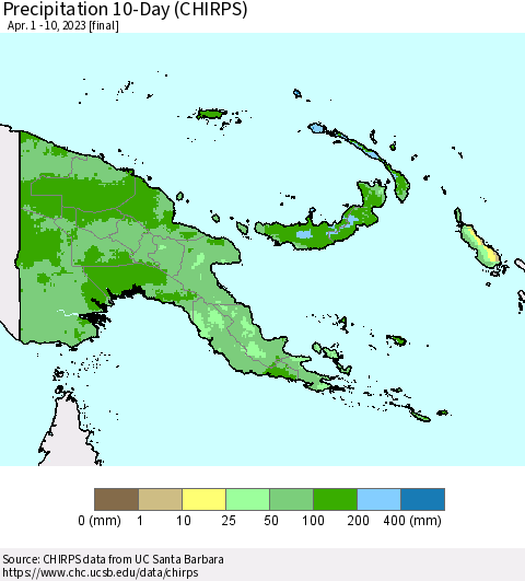Papua New Guinea Precipitation 10-Day (CHIRPS) Thematic Map For 4/1/2023 - 4/10/2023