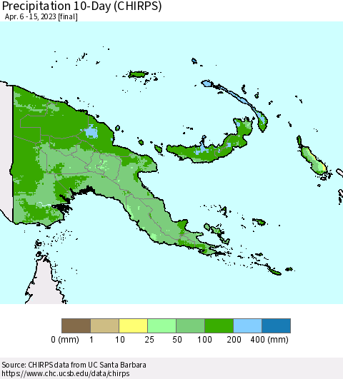 Papua New Guinea Precipitation 10-Day (CHIRPS) Thematic Map For 4/6/2023 - 4/15/2023