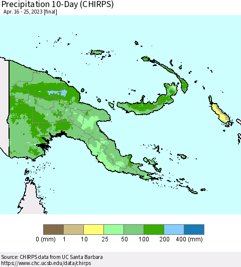 Papua New Guinea Precipitation 10-Day (CHIRPS) Thematic Map For 4/16/2023 - 4/25/2023
