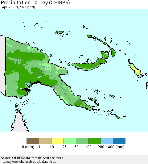 Papua New Guinea Precipitation 10-Day (CHIRPS) Thematic Map For 4/21/2023 - 4/30/2023