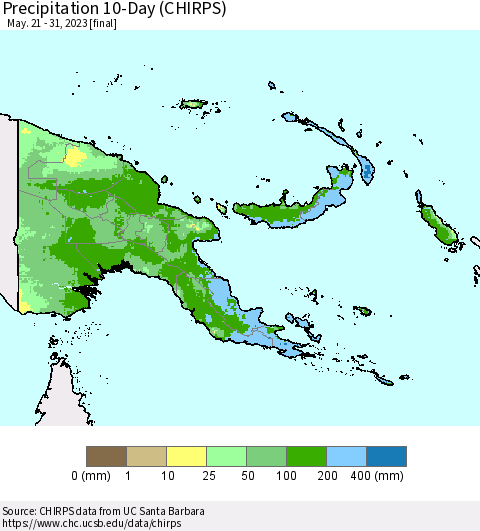 Papua New Guinea Precipitation 10-Day (CHIRPS) Thematic Map For 5/21/2023 - 5/31/2023