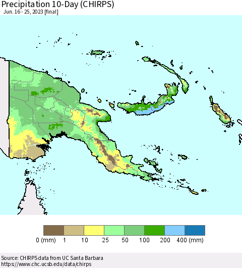 Papua New Guinea Precipitation 10-Day (CHIRPS) Thematic Map For 6/16/2023 - 6/25/2023