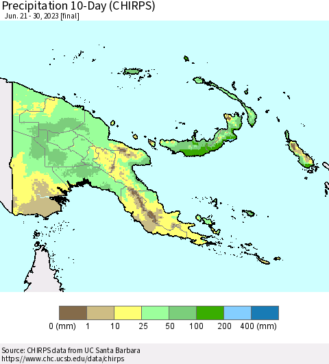 Papua New Guinea Precipitation 10-Day (CHIRPS) Thematic Map For 6/21/2023 - 6/30/2023
