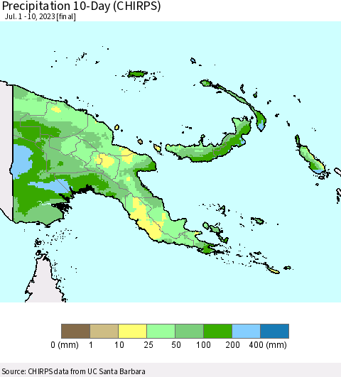 Papua New Guinea Precipitation 10-Day (CHIRPS) Thematic Map For 7/1/2023 - 7/10/2023