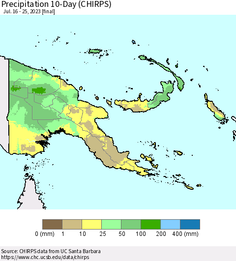 Papua New Guinea Precipitation 10-Day (CHIRPS) Thematic Map For 7/16/2023 - 7/25/2023