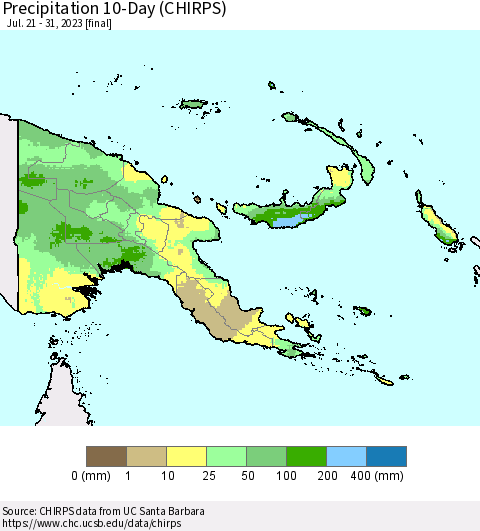 Papua New Guinea Precipitation 10-Day (CHIRPS) Thematic Map For 7/21/2023 - 7/31/2023