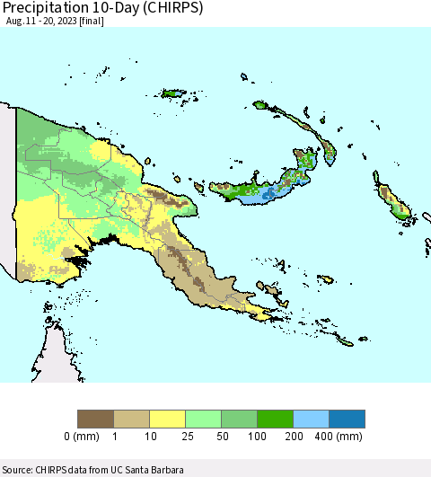 Papua New Guinea Precipitation 10-Day (CHIRPS) Thematic Map For 8/11/2023 - 8/20/2023