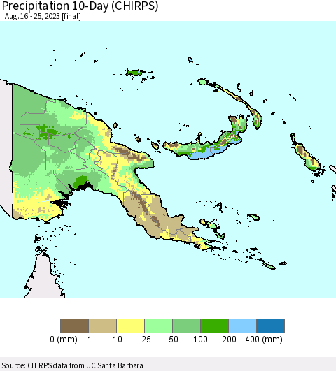 Papua New Guinea Precipitation 10-Day (CHIRPS) Thematic Map For 8/16/2023 - 8/25/2023