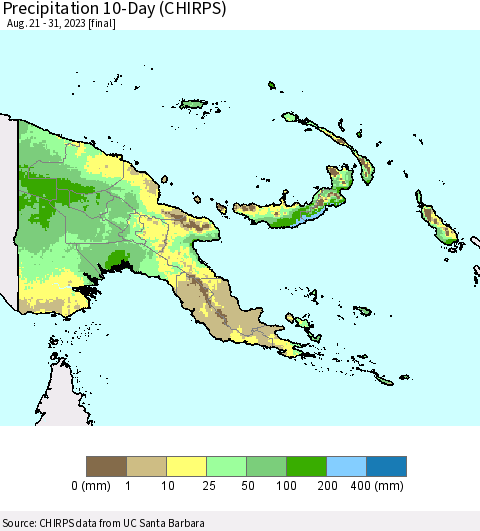 Papua New Guinea Precipitation 10-Day (CHIRPS) Thematic Map For 8/21/2023 - 8/31/2023