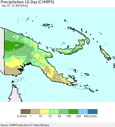 Papua New Guinea Precipitation 10-Day (CHIRPS) Thematic Map For 9/16/2023 - 9/25/2023