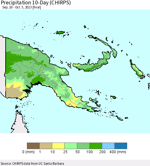 Papua New Guinea Precipitation 10-Day (CHIRPS) Thematic Map For 9/26/2023 - 10/5/2023