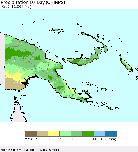 Papua New Guinea Precipitation 10-Day (CHIRPS) Thematic Map For 10/1/2023 - 10/10/2023