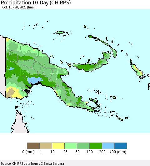 Papua New Guinea Precipitation 10-Day (CHIRPS) Thematic Map For 10/11/2023 - 10/20/2023