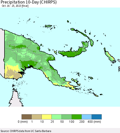 Papua New Guinea Precipitation 10-Day (CHIRPS) Thematic Map For 10/16/2023 - 10/25/2023