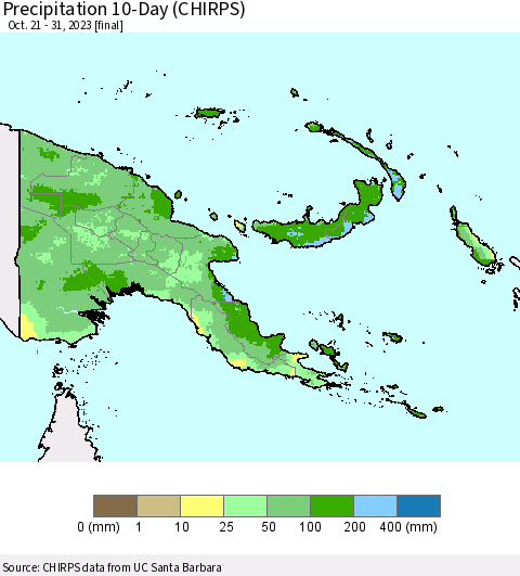 Papua New Guinea Precipitation 10-Day (CHIRPS) Thematic Map For 10/21/2023 - 10/31/2023