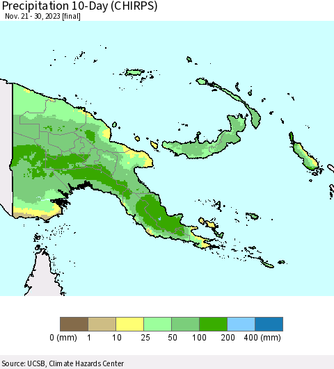Papua New Guinea Precipitation 10-Day (CHIRPS) Thematic Map For 11/21/2023 - 11/30/2023