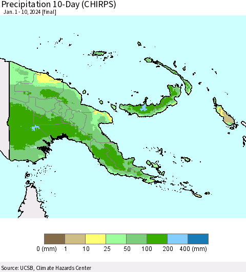 Papua New Guinea Precipitation 10-Day (CHIRPS) Thematic Map For 1/1/2024 - 1/10/2024