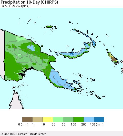 Papua New Guinea Precipitation 10-Day (CHIRPS) Thematic Map For 1/11/2024 - 1/20/2024