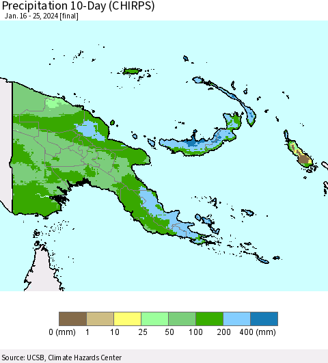 Papua New Guinea Precipitation 10-Day (CHIRPS) Thematic Map For 1/16/2024 - 1/25/2024