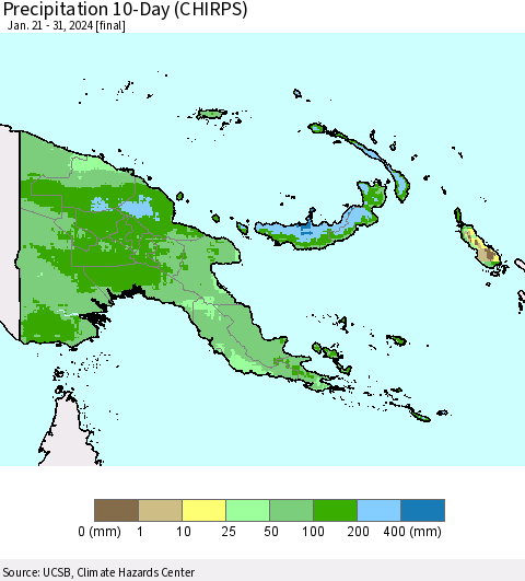 Papua New Guinea Precipitation 10-Day (CHIRPS) Thematic Map For 1/21/2024 - 1/31/2024