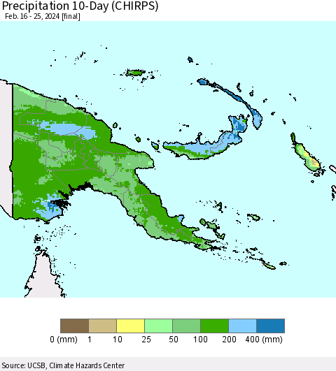 Papua New Guinea Precipitation 10-Day (CHIRPS) Thematic Map For 2/16/2024 - 2/25/2024