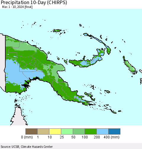 Papua New Guinea Precipitation 10-Day (CHIRPS) Thematic Map For 3/1/2024 - 3/10/2024