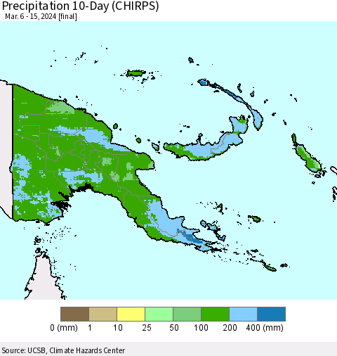 Papua New Guinea Precipitation 10-Day (CHIRPS) Thematic Map For 3/6/2024 - 3/15/2024