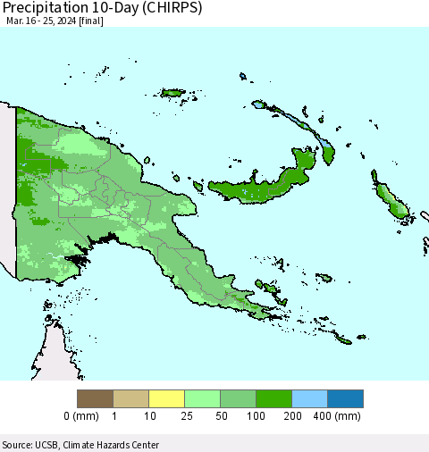 Papua New Guinea Precipitation 10-Day (CHIRPS) Thematic Map For 3/16/2024 - 3/25/2024