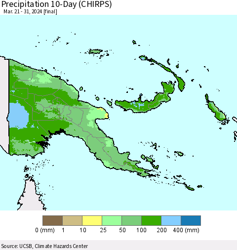 Papua New Guinea Precipitation 10-Day (CHIRPS) Thematic Map For 3/21/2024 - 3/31/2024