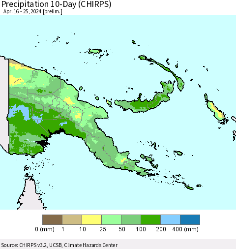 Papua New Guinea Precipitation 10-Day (CHIRPS) Thematic Map For 4/16/2024 - 4/25/2024