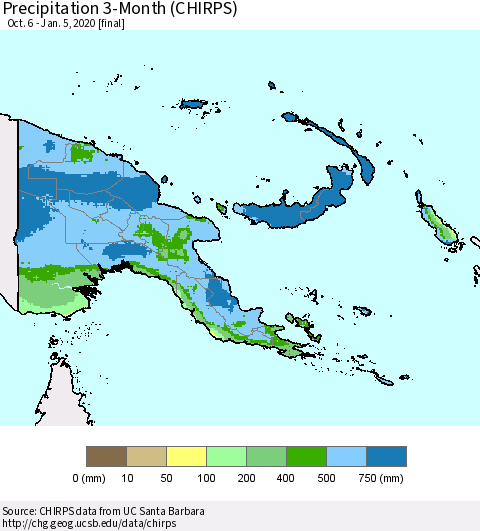 Papua New Guinea Precipitation 3-Month (CHIRPS) Thematic Map For 10/6/2019 - 1/5/2020