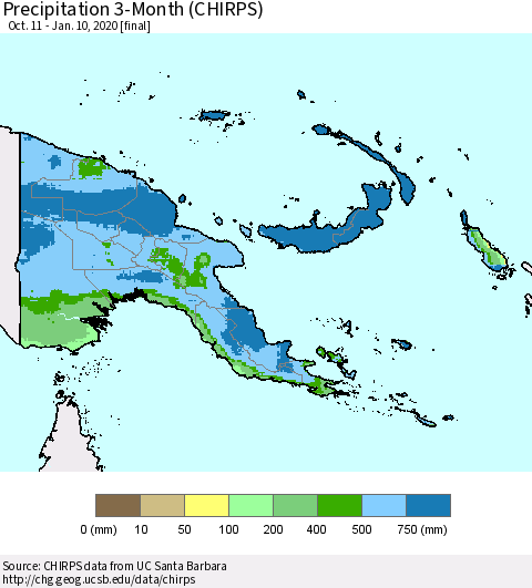 Papua New Guinea Precipitation 3-Month (CHIRPS) Thematic Map For 10/11/2019 - 1/10/2020