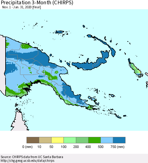 Papua New Guinea Precipitation 3-Month (CHIRPS) Thematic Map For 11/1/2019 - 1/31/2020