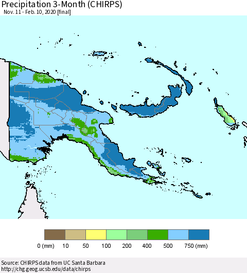 Papua New Guinea Precipitation 3-Month (CHIRPS) Thematic Map For 11/11/2019 - 2/10/2020