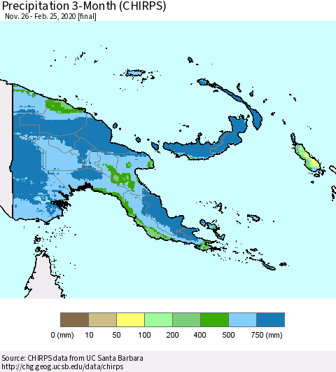 Papua New Guinea Precipitation 3-Month (CHIRPS) Thematic Map For 11/26/2019 - 2/25/2020