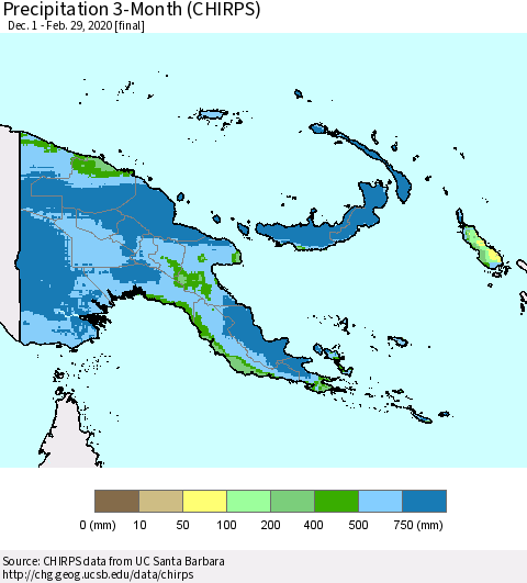Papua New Guinea Precipitation 3-Month (CHIRPS) Thematic Map For 12/1/2019 - 2/29/2020