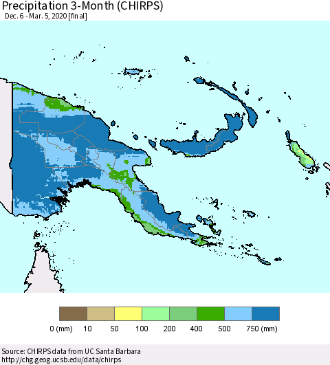 Papua New Guinea Precipitation 3-Month (CHIRPS) Thematic Map For 12/6/2019 - 3/5/2020